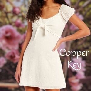 COPPER KEY JR Eyelet, Puff Sleeve, Front Tie Mini Dress-White/XXL/NWT